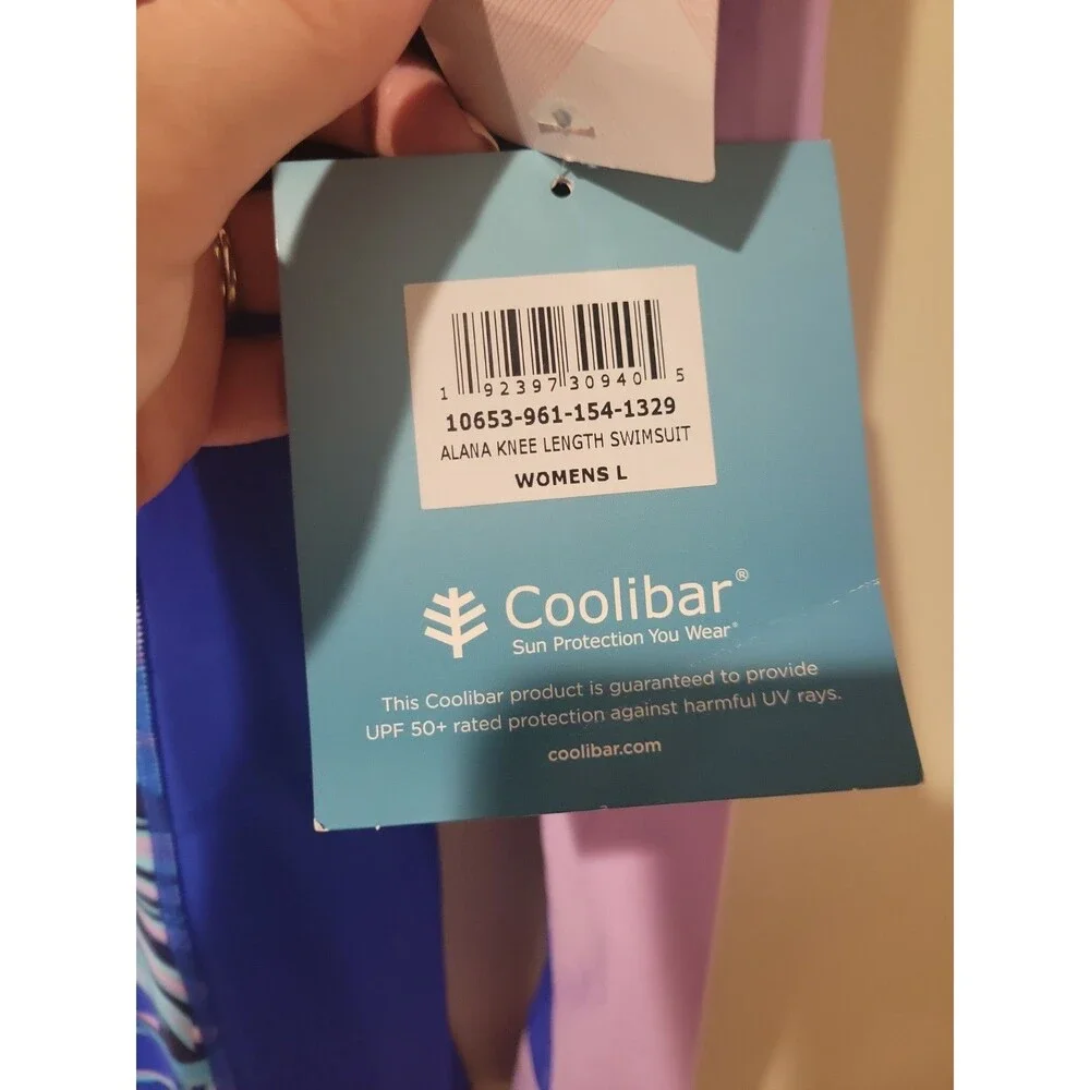 NWT Coolibar Alana Knee Length Long Sleeve Swimsuit Blue Tropical Size L UPF 50+